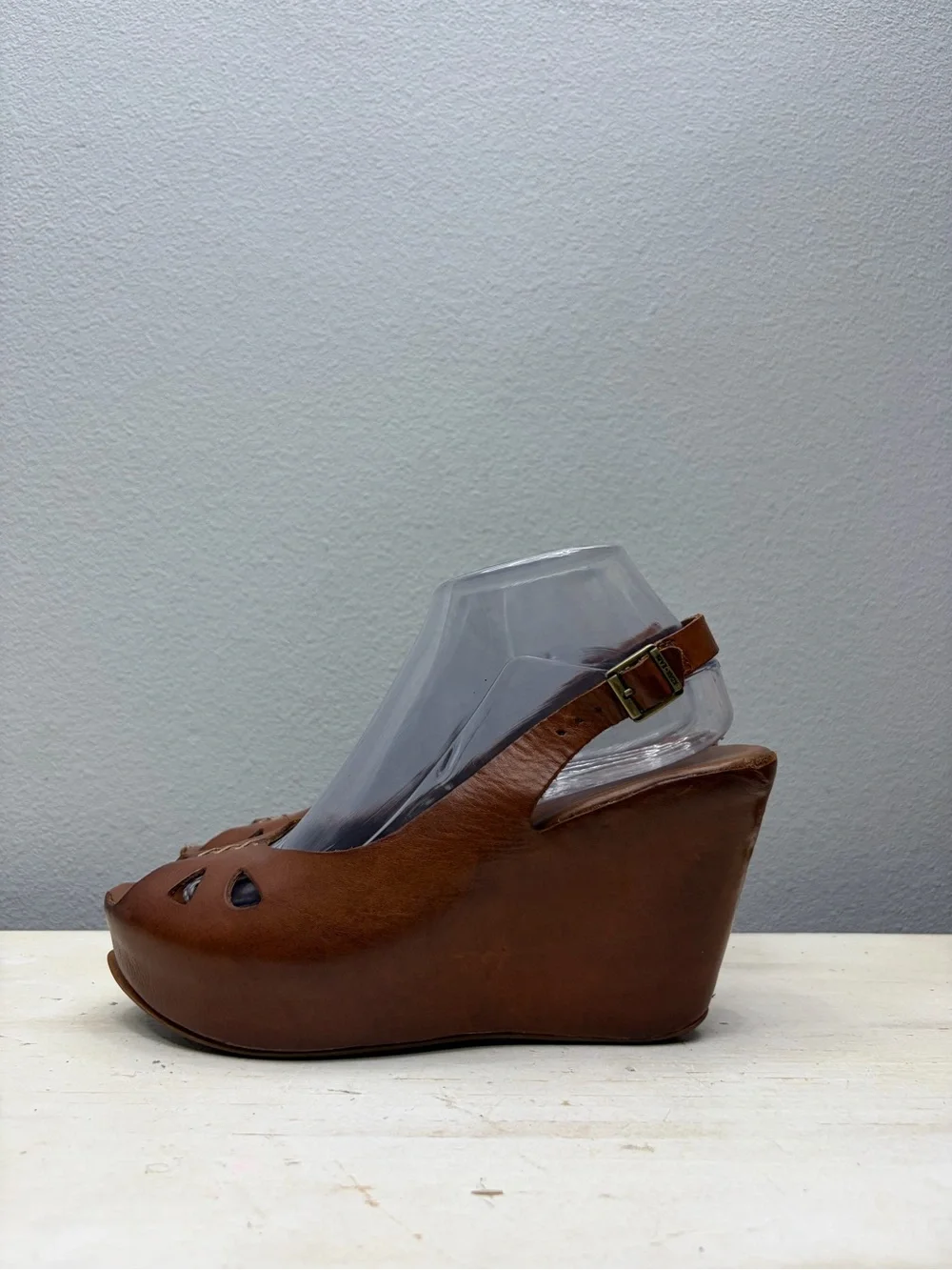Kork-Ease Brown Leather Felicia Peep Toe Wedge Sandals Size 8